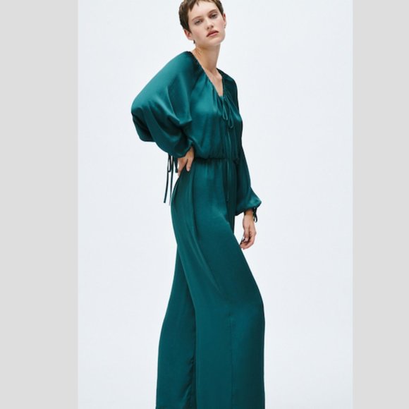 Zara V-Neck Satin Effect Jumpsuit Teal Sz XS NWT - Picture 2 of 10